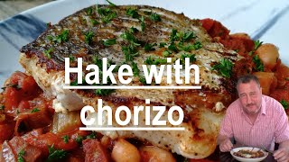 tender roasted hake with a Spanish style chorizo and bean stew