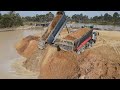 Extreme Soil Pouring into Water Filling Up big Land with Strong 10 Wheels Truck and Dozer Pushing