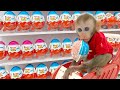 Monkey Baby Bim Bim doing shopping in Kinder Joy Egg store and eat chocolate with puppy