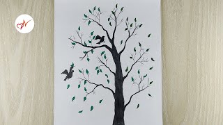 How to draw a beautiful deciduous tree and birds | Pencil sketch drawing for beginners