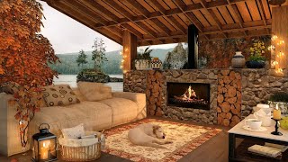 Autumn Cozy Terrace with First Fall Rain and Fireplace Sounds for Sleep \u0026 Relax Ambience