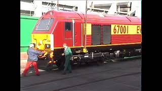 Rails in Wales. Delivery of 67001 at Newport Docks 24 years ago