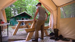 Building a Rustic Picnic Table for Off Grid Camp | Crazy Bear Fight in the Woods