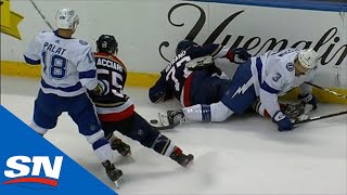 Ondrej Palat Sends Noel Accari Into The Board With Dangerous Hit From Behind