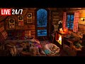 🔴 Relaxing Fireplace Sounds in a Cozy Winter Cabin | Dog Sleeping with Snowfall Sounds - Live 24/7