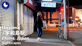 【宇和島駅 / 夜の散歩】（愛媛県高宇和島市）あまり人の歩いていないアーケード商店街と夜空に浮かぶ宇和島城の天守（2025/1/12/日）