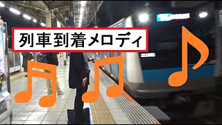 JR西日本管内のような列車接近メロディが流れて夜の田町駅1番線に到着する京浜東北線北行E233系