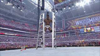 Kofi Kingston uses a broken ladder as stilts in a Money in the Bank Ladder Match: WrestleMania 26