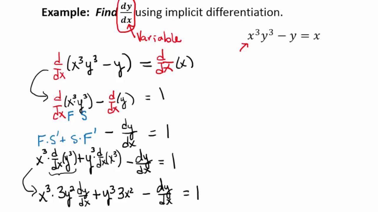 Implicit Differentiation Lecture Part 2 Example 1 Youtube
