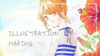 【イラストメイキング】ハイビスカスと夏の雲-Illustration Making【透明水彩】