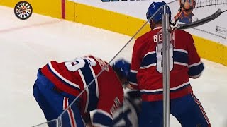 Nazem Kadri gets jumped by Jordie Benn, Shea Weber after delivering hit