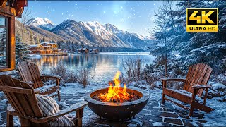 Serene Winter Ambience by the Lake with Snow Falling, Relaxing Fire Pit. Nature Sounds for Unwind