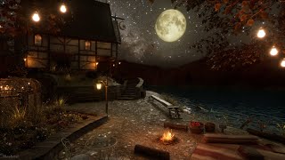 Dreamlike Autumn Night Ambience | Crackling Fire, Crickets, Owl, Water, Calming Nature Sounds