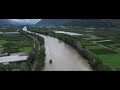 vue du drone la crue du rhône fully valais 30.06.2024