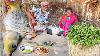 AMERICAN ROHU FISH CURRY and NEEM BEGUN recipe cooking & eating by santali tribe old couple
