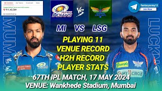 MI vs LSG Dream11 Prediction | MUM vs LKN Dream11 Prediction | Mumbai vs Lucknow 67TH IPL 2024