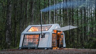 Ep. 17: Cozy Winter Camping in the Rain with Inflatable Tent and Wood Stove [ASM