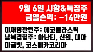 [주식] 9월 6일 시황 \u0026 특징주 이재명관련주 에코플라스틱 남북경협주 아난티 신원 대아티아이 이글벳 코스메카코리아