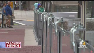 Boston's Long Wharf Prepared For Potential Flooding At High Tide Sunday Night