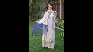 Off-White Banarasi Silk Resham Embroidered Kurta,Off-White Banarasi Palazzo With Off-White Dupatta