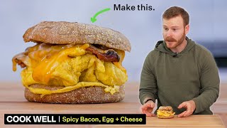 7 minute Spicy Egg, Bacon + Cheese on an English muffin.