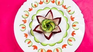 Authentic Radish With Cucumber Star Rose Flower & Carrot Designs - Best Vegetable Flower Garnish