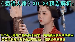 《蜀錦人家》30-34預告解析：白王野心遭趙二懷疑捧殺楊家！英英靜瀾聯手妙招破局，英英行刺晟豐澤失敗卻嫁給他，楊靜瀾千裏追妻