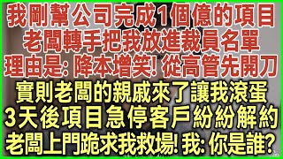 我剛幫公司完成1個億的項目！老闆轉手把我放進裁員名單！理由是：降本增笑！從高管先開刀！實則老闆的親戚來了讓我滾蛋！3天後項目急停客戶紛紛解約！老闆上門跪求我救場！我：你是誰？#生活經驗#情感故事