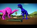 red trex vs blue indominus vs spinosaurus vs mosasaurus big color dinosaurs battle in jwe 2