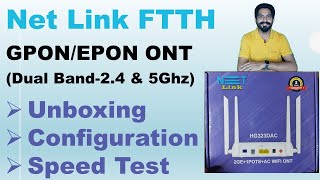 NetLink Ftth Dual Band GPON /EPON Wifi ONT Dual Band Unboxing Configuration \u0026 Speed Test