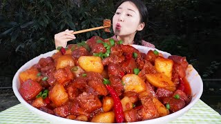 小雨今天吃土豆紅燒肉，油亮亮的一大鍋，一口一坨滿嘴是肉好過癮【市民朱小雨】