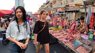 Cambodia Tour 2025 - Walking Tour - 4K - Visit Phnom Penh @ Tuol Tompoung Food Market Scenes