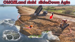 Amazing!This, Land Sink! Slide Down Again Repaire Back with Trucks \u0026 Komatsu D53 Dozers Pushing Soil