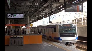 ホームに人がいない休日の新橋駅に到着する上野東京ライン常磐線上りE531系