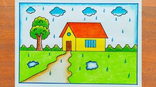 Rainy Season Drawing / How to Draw Rainy Day Drawing Easy Steps / Rainy Day Scenery Drawing Easy