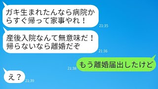 難産で疲れ切って産後入院している私に、夫が「すぐに退院して家事をしろ！」と強要し、「帰ってこなければ離婚だ！」と言い放った。呆れた私は退院後、すぐに離婚届を提出した。