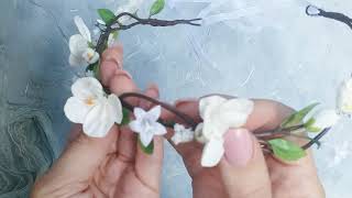 White bride hair piece, rustic flower crown with baby's breath, cherry blossom and companula