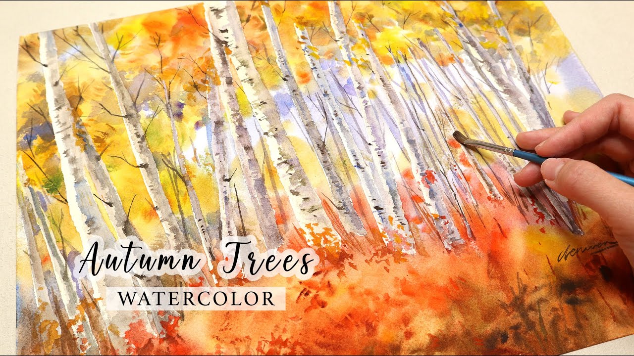 How To Paint Autumn Aspens Trees In Watercolor Tutorial - YouTube