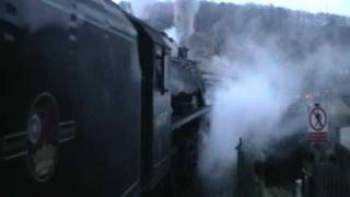 SPARKS! 44767 ''George Stephenson'' departs Keighley. Whistle and wheel slip. KWVR steam gala 2011.