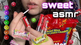 ASMR Taste The Rainbow 🌈 Skittles Lip Gloss Application + Candy Mouth Sounds (kisses, close up +)