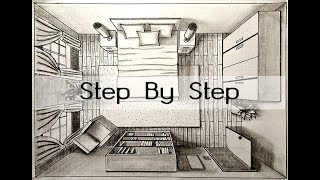 How to Draw A Bedroom in one point perspective Bird's Eye |Step by Step