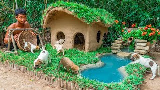 Rescue dog by Collect Abandoned Dog and Build Mud Dog House with Mini Water Fall Swimming Pool