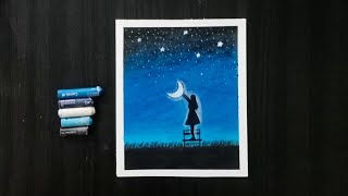 camel oil pastel drawing/ half moonlight night scenery painting