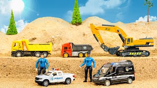 Police Car Rescues Construction Vehicles from Deep Hole | Mini Tractor Rebuilds Concrete Bridge