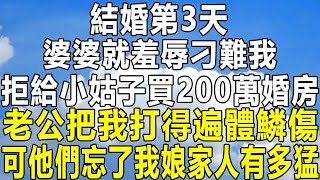 結婚第3天，婆婆就羞辱刁難我，拒給小姑子買200萬婚房，老公把我打得遍體鱗傷，可他們忘了我娘家人有多猛!#民间故事 #情感秘密 #情感 #家庭 #中年 #為人處世 #深夜故事 #老年