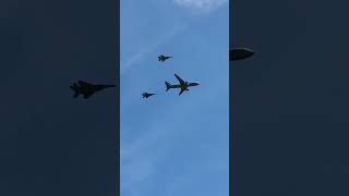 2 104th FW F-15Cs and a KC-46A flyby with the refueling boom extended #airshow #military #jet