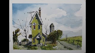 Line and wash farmhouse in watercolor,Full tutorial in Real time,beginner lesson.Nil Rocha