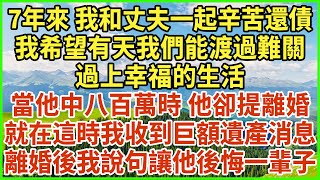 7年來 我和丈夫一起辛苦還債，我希望有天我們能渡過難關，過上幸福的生活，當他中八百萬時 他卻提離婚，就在這時我收到巨額遺產消息，離婚後我說句讓他後悔一輩子#生活經驗 #情感故事 #深夜淺讀 #幸福人生