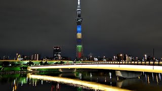 コロナにみんなで打ち勝とう！ライトアップ　➡　東京 2020 オリンピック競技大会 開催 1年前　東京スカイツリー　特別ライティングを点灯　2020年　7月23日　　7月24日から開幕する予定だった。