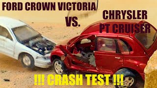 CRASH TEST - 1/27 Ford Crown Victoria filled with Concrete VS. 1/24 Chrysler PT Cruiser - Slomo -
